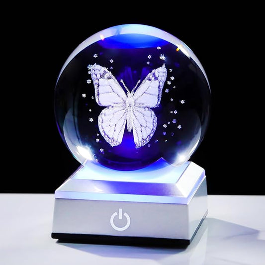 Butterfly Gifts for Women, Mom, Girlfriend - 3D Engrevd Crystal Ball 3.15'' with LED Base - Gift on Valentines, Mother's Day Butterfly Lover Figurine Home Decor