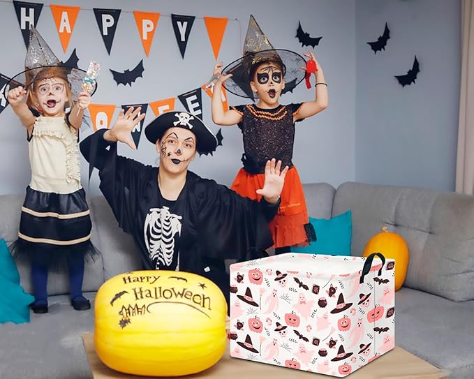 CLOCOR Rectangular Storage Basket Empty, Gift Basket for Halloween, Waterproof Storage Bin with Handles, Room Decor(Pink Bowknot Ghost)