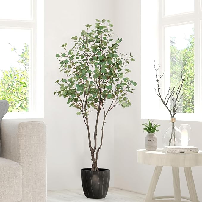 Faux Eucalyptus Tree 7ft(84in) Tall Artificial Plant Indoor Decor Handmade Natural Fake Eucalyptus Tree for Wedding Realistic Lifelike Leaves in Pot for Home Living Room,Office,Outdoor Decor.