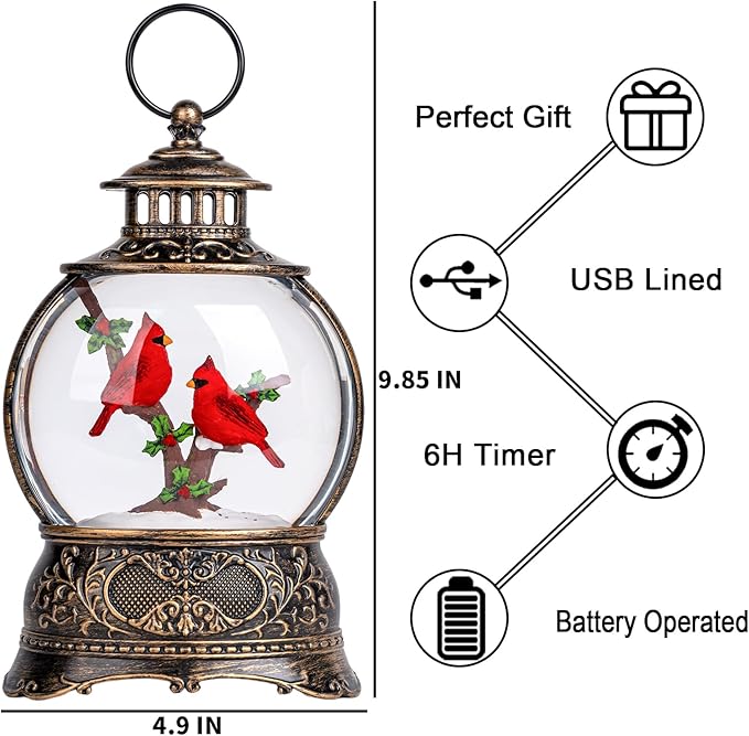 Christmas Village Snow Globe Lighted Cardinal Holly Scene, Musical Snow Water Lantern Swirling Glittering Home Decoration and Gift, Battery Operated or USB Powered