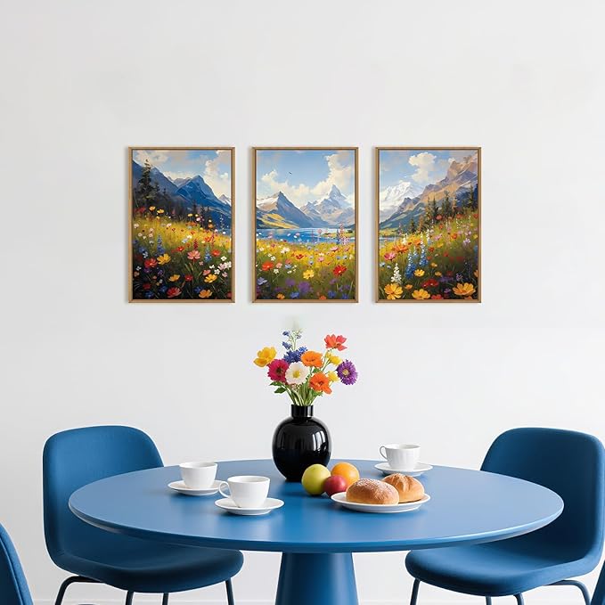 HOURIA Colorful Wildflower Mountain Framed Canvas Wall Art Set,Blue Sky Lake Green Tree Grass Wall Decor,Nature Flower Artwork,Field Scenery Art Prints for Living Room,Bedroom,Farmhouse-24 x36 x3