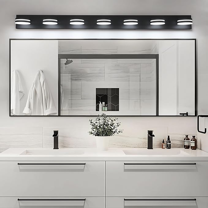 7-Light Bathroom Vanity Light Over Mirror, Matte Black LED Vanity Lighting Fixtures, Modern Bathroom Wall Light Fixtures with 360°Rotating Lamp Head (Cool White 5500K)