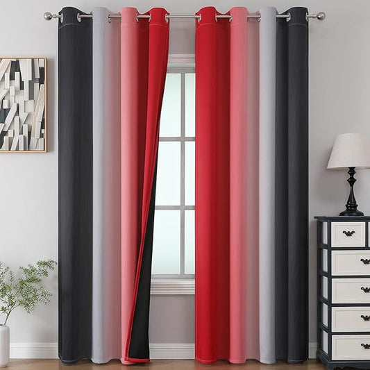Ombre Red and Black Curtains 96 Inches Long, Total Blackout Curtains for Bedroom, Thermal Insulated Gradient Grommet Drapes, Full Light Blocking Curtains for Living Room, 52x96 Inch, 2 Panels
