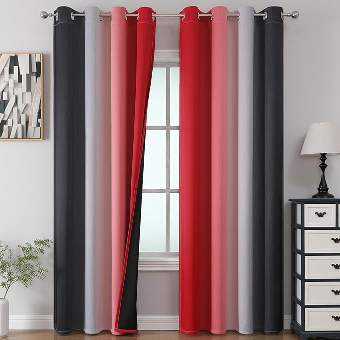 Black and Red 100% Blackout Curtains 84 Inches Long, Ombre Blackout Drapes for Bedroom, Full Light Blocking Thermal Insulated Gradient Grommet Curtain Drapes for Living Room, 52x84 Inch, 2 Panels