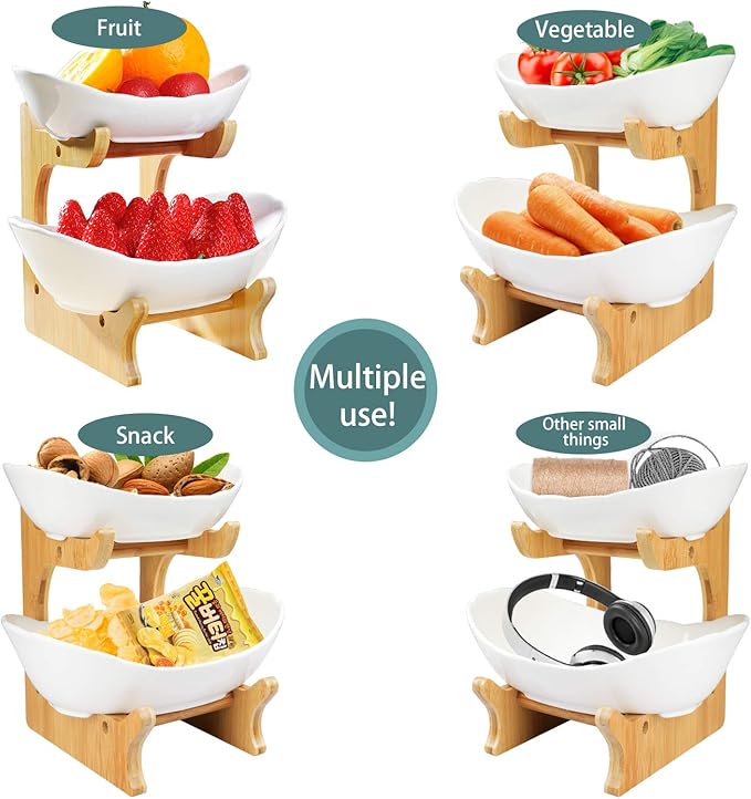 Seven Sparta 2 Tier Fruit Bowl for Kitchen Counter/Ceramic Serving Bowls with Bamboo Stand/Tiered Fruit Basket for Fruit Vegetable Storage, Cake, Dessert, Nuts, Snack, Salad (Dishwasher Safe)