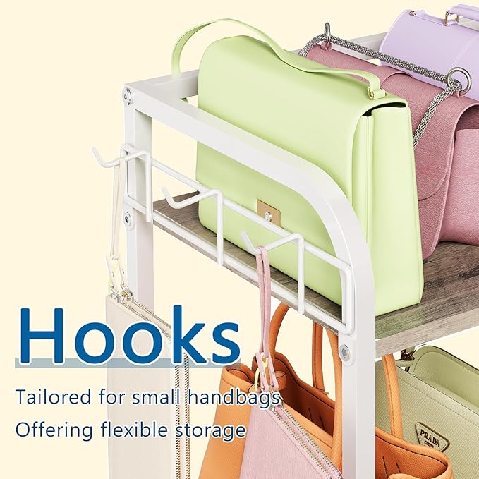 White Purse Organizer, 3-Tier Floor Standing Bag Rack Stand Featuring Side Hooks and Baskets, Adjustable Feets, High Capacity Metal & Wood Handbag Holder Design for Closet Storage, Patent Pending