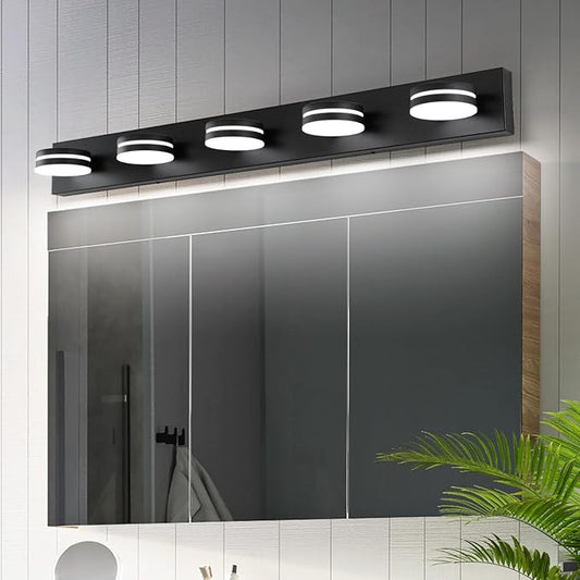 5 Light Bathroom Vanity Light, 30W LED Black Bathroom Light Fixtures Over Mirror, Dimmable Bath Lights, Wall Sconce Light with Milky White Acrylic Shades, Rotatable Lights Head
