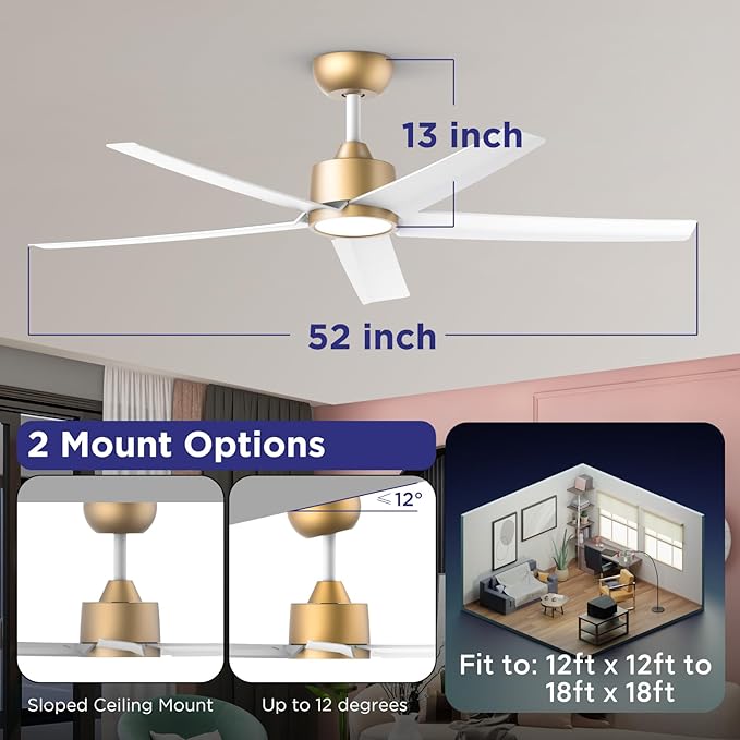 ocioc 52 inch Ceiling Fans with Lights and Remote Control Ultra Quiet DC Motor 3 Color Temperatures Modern Ceiling Fan for Bedroom Kitchen Indoor Covered Outdoor Gold
