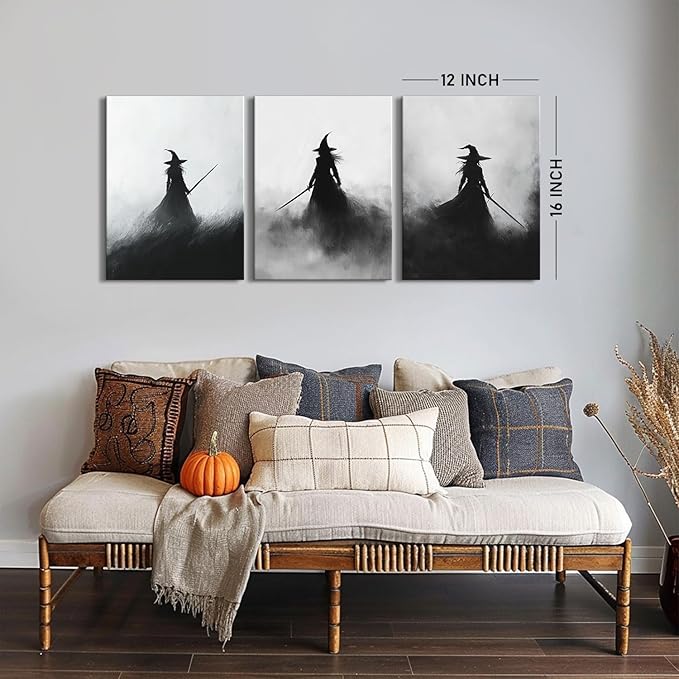 Vintage Witch Canvas Wall Art Halloween Pictures Black and White Living Room Wall Decor Dark Gothic Witches Paintings Witchy Home Decorations Spooky Posters Prints Artwork for Bedroom 12x16" 3Pcs