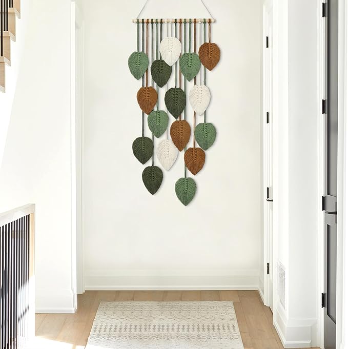 KHOYIME Vertical Macrame Wall Hanging Boho Home Decor, Long Narrow Chic Wall Art Bohemian Woven Leaves Tapestry Vintage Decorations for Front Door Indoor Entrance Living Room Bedroom 16.5"W x 37.5"L