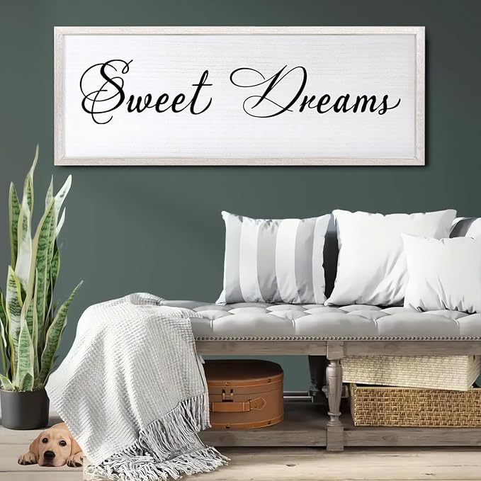 Sweet Dreams Wall Decor Above Bed 32x12 Inch Large Master Bedroom Hanging Wood Rustic Framed Farmhouse Sweet Dreams Sign Guest Room Aesthetic And Minimalist Over Bed Wall Art（White）
