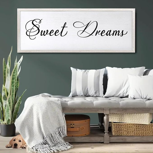 Sweet Dreams Wall Decor Above Bed 32x12 Inch Large Master Bedroom Hanging Wood Rustic Framed Farmhouse Sweet Dreams Sign Guest Room Aesthetic And Minimalist Over Bed Wall Art（White）