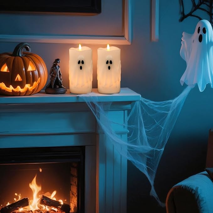 Eldnacele Halloween Flameless Candles with Remote and Timer, Battery Operated Hand Painted Ghost 3D Wick Flickering Real Wax White LED Pillar Candles Spooky Ghost Face Halloween Decor(2pcs,D3×H6.5)