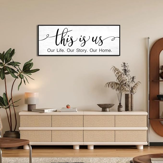 This is Us Wall Decor: 40x15 Inch Farmhouse Canvas Print Framed Family Sign for Living Room,Modern Minimalist Art with Quote Our Life Our Story Our Home Master Bedroom Wall Decor