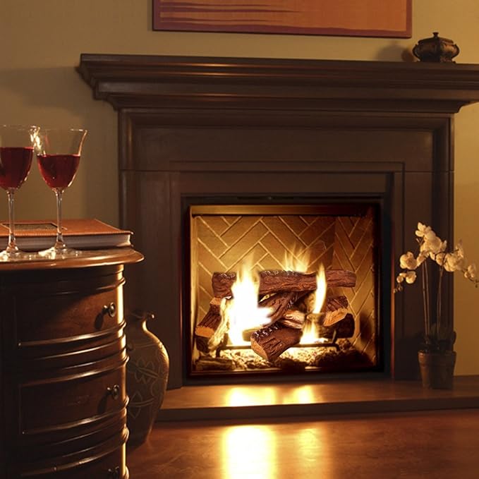 Barton 10-Pieces Ceramic Logs Set Gas Vented Fireplace Realistic Fire Log Stackable Logs Fire Place Fire Pit Insert Fireplace (10pcs) Wood Logs