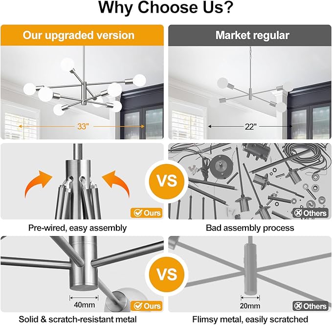 Sputnik Chandeliers Dining Room Light Fixture (8-Light, 30-Inch), Modern Nickel Chandelier, Height Adjustable Mid Century Modern Chandeliers for Dining Room Kitchen Island