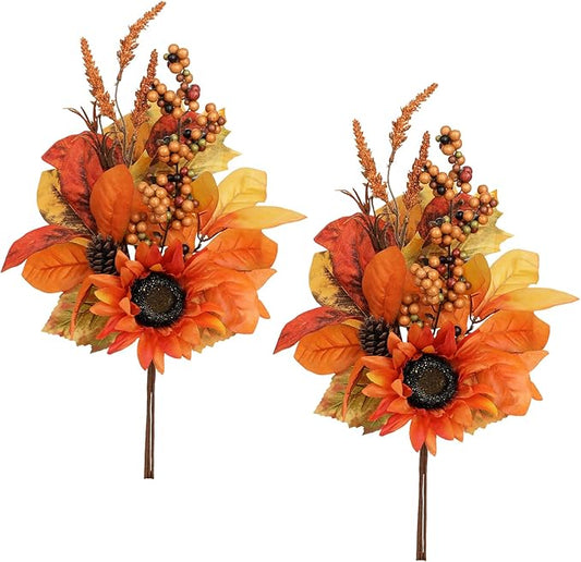Briful Set of 2 16in Fall Orange Sunflower Picks and Sprays with Pinecones Berries Eucalyptus Leaves Artificial Fall Floral Branches Stems for Autumn Home Wedding Party Vase Centerpieces Decor
