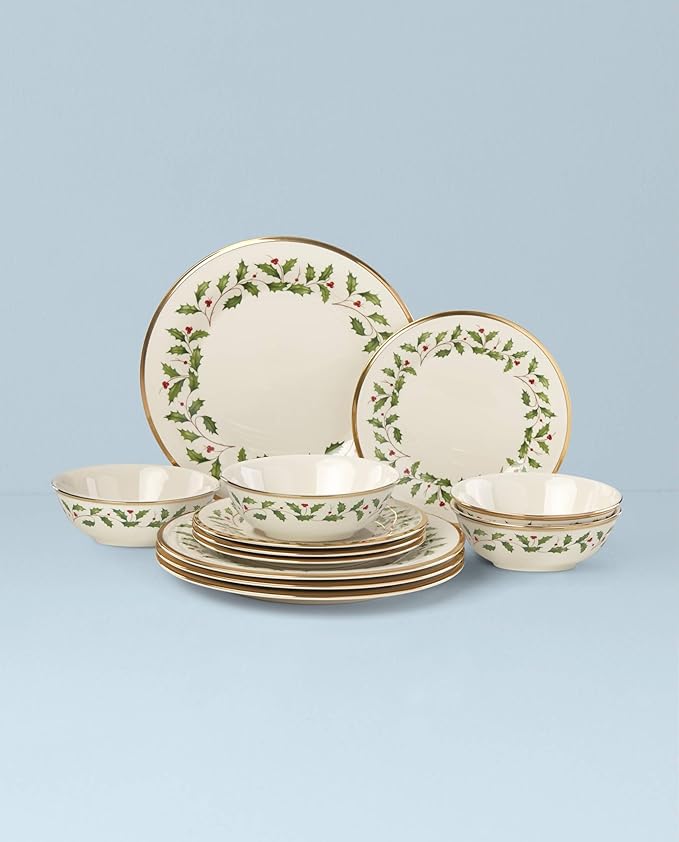 Lenox 893172 Holiday 12-Piece Plate and Bowl Set, Christmas Dinnerware, Hosting