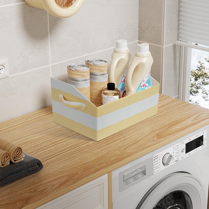 Linen Closet Organizers and Storage, Trapezoid Fabric Bins, Home Office Organization Baskets Striped Collapsible Box with Handles for Clothes, Blanket, Books, DVD, 4 Pack, Yellow/White