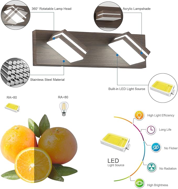 SineRise LED Modern Bathroom Vanity Light Fixtures (2-Light, 15.5-Inch, Dimmable), Brown Wood Painted Modern Acrylic Bathroom Wall Lighting Fixtures Over Mirror (Cool White 6000K)