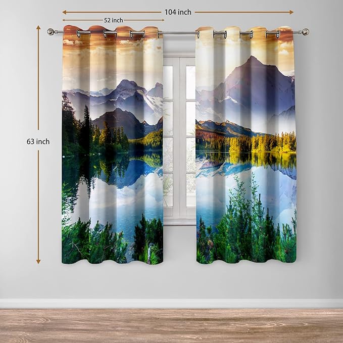 Jekeno Mountain Forest Blackout Curtains Lake Sky Sunshine Wild Nature Scenic Scenery Landscape Decor for Bedroom Living Room Grommet Window Drapes 2 Panel Set, 52"x63"