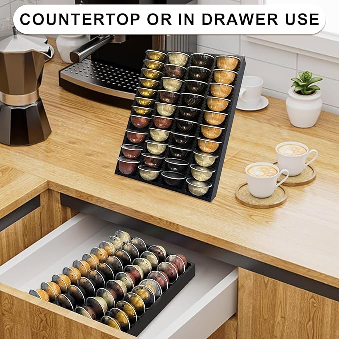Bamboo Coffee Pod Storage Holder for Drawer Coffee Pods Organizer for Counter, Compatible with Capsules for Kitchen Coffee Station (Black)