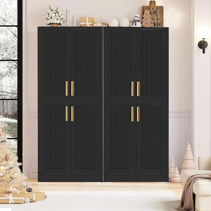 Kitchen Pantry Cabinet, Tall Storage Cabinet with Adjustable Shelves and 4 Doors, Farmhouse Freestanding Cupboard Hutch for Dining Room Living Room, Laundry, Black