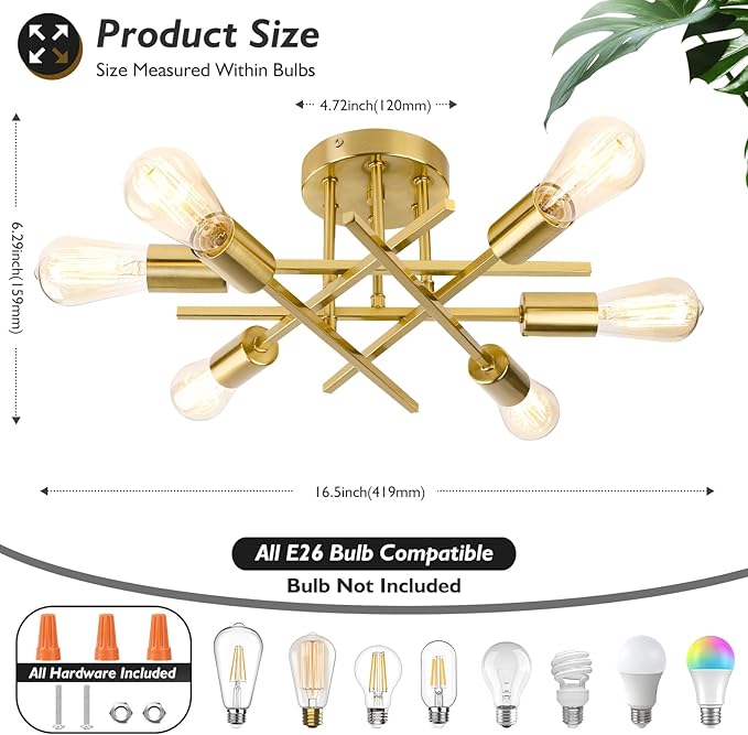 TOBUSA 6-Light Gold Semi Flush Mount Ceiling Light Fixture, Modern Industrial Brushed Golden Sputnik Ceiling Light, E26 Close to Ceiling Light for Kitchen Bedroom Dining Room Living Room Hallway
