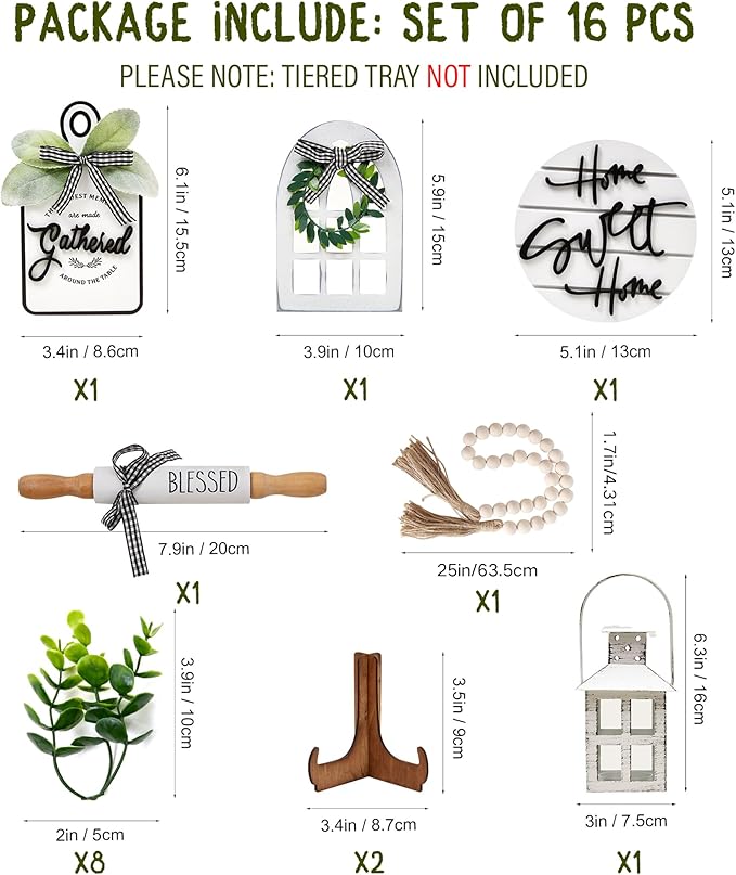 Houmury Set of 16 Farmhouse Tiered Tray Decor with 1 Lantern Artificial Plant& Cutting Board Sign for Rustic Home Kitchen Decor Tier Tray Decor Set (Tiered Tray Not Included)