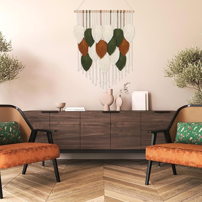 KHOYIME Macrame Wall Hanging Boho Woven Tapestry, Chic Home Decor Modern Bohemian Handmade Leaf Feather Wall Art Decorations for Apartment Dorm Living Room Bedroom Nursery Backdrop 23.6" W X 29.5" L