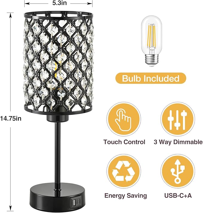 GyroVu Crystal Table Lamp, Black Lamp for Bedroom Nightstand with USB C+A Ports, 3 Way Dimmable Touch Lamp with Crystal Shade, Bedside Lamp Small Lamp for Bedroom, Living Room, Office (Buld Included)