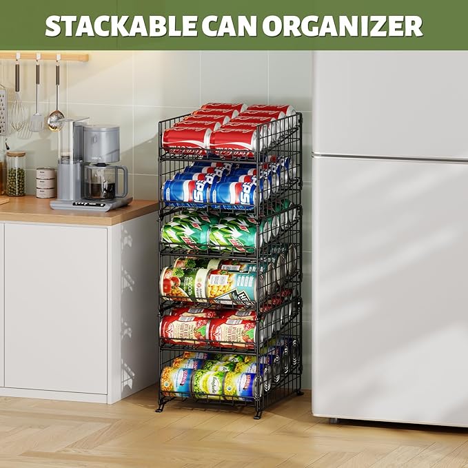 JKsmart 2 Pack 2 Tier Stackable Can Organizer for Pantry, Can Rack Holder for Kitchen Pantry Cabinet, 16inch Depth Can Dispenser for Various Ounces of Canned Food Soda Drinks, Black