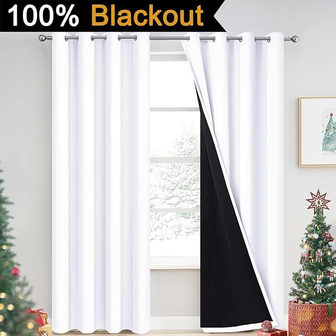 Yakamok Pure White 100% Blackout Curtains, 2 Thick Layers Completely Blackout Curtains Thermal Insulated Noise Reducing Drapes for Bedroom(52Wx90L, Pure White, 2 Panels)