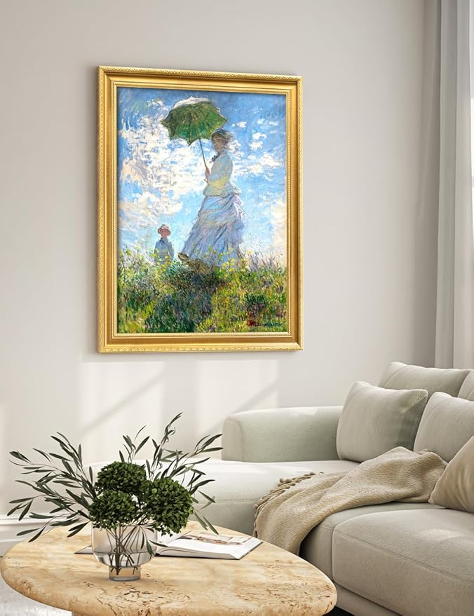 DECORARTS - Claude Monet Woman With A Parasol Giclee Print with Gold Solid Wood Frame, Impressionist Large Framed Wall Art, Ready to Hang, Framed Size 28.75x34.75, Made in USA