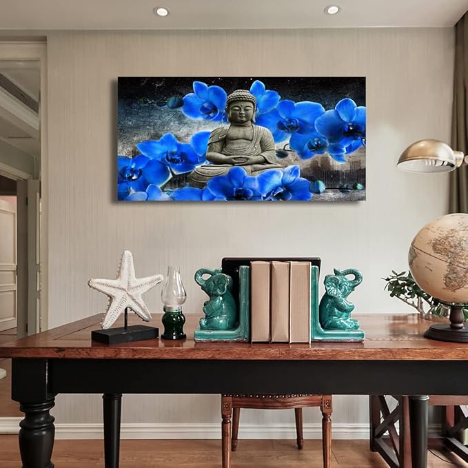 Buddha Pictures Wall Art Canvas Prints Home Decor Grey Zen Blue Flower Painting for Living Room Bedroom Bathroom Office Home Kitchen Decoration Asia Hindu Artwork 24x48 Wooden Frames Easy Hanging