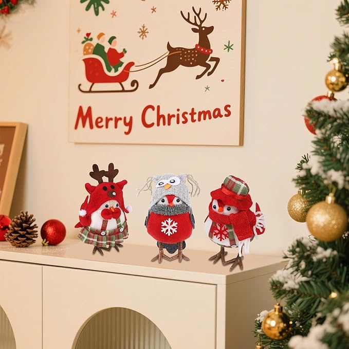 3 Pack Christmas Table Decorations - Small Bird Figurines, Red Cute Xmas Ornaments for Table Top, Desktop, Mantel, Kitchen Decor, Holiday, Winter Party Gifts