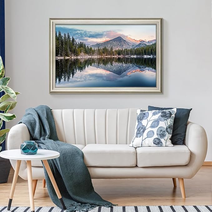 Framed Lake Scenery Wall Art: Natural Mountain Water Canvas Painting Woodland Sunset Picture for Living Room