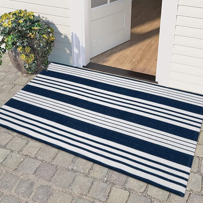 OJIA Entryway Rug 24''x51'', Machine Washable Fall Front Door Mat Cotton Woven Blue and White Outdoor Rugs Porch Rug Striped Kitchen Runner Indoor Door Mat for Farmhouse/Entry/Home Entrance