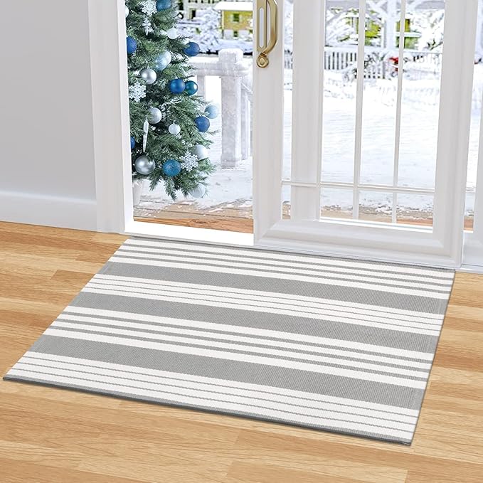 OJIA Fall Front Door Mat Outdoor 24"x35" Front Door Rug Gray and White Striped Outdoor Rugs Washable Entry Rug Indoor Door Mats Cotton Woven Small Area Rugs for Entrance/Porch/Kitchen/Entryway