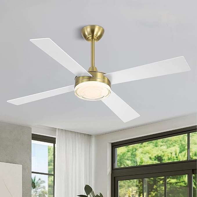 WINGBO 52 Inch Ceiling Fan with Lights and Remote, 3CCT, Modern Ceiling Fan with Ripple Glass Shade, 6-Speed Reversible DC Motor for Bedroom Living Room Kitchen Hallway, Brass and White