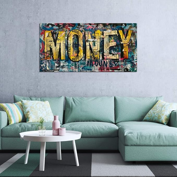 Yatsen Bridge Large Size Office Graffiti Wall Art Money Canvas Paintings Artwork Motivational Money Artwork Poster and Prints Large Bedroom Walls Decoration Framed Ready to Hang-48x24 inch