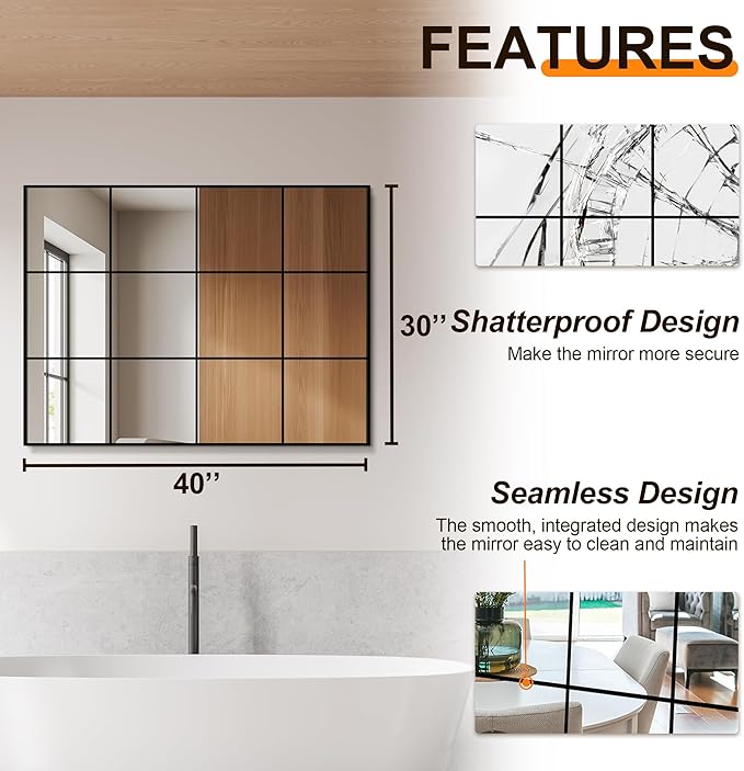 Delma Wall Mirror, 40"X30" Window Pane for Living Room Decor, Decorative Wall Art, Large Wall for Bedroom, Hallway, Living Room