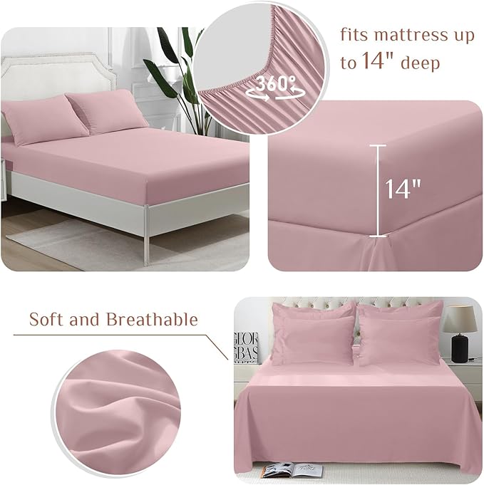 JOLLYVOGUE King Comforter Set, Ultra-Soft Bed in a Bag King Size 7 Pieces, Oeko-TEX Certified Bedding Set with Down Alternative Comforter, Sheets, Pillowcases & Shams, Camio Pink