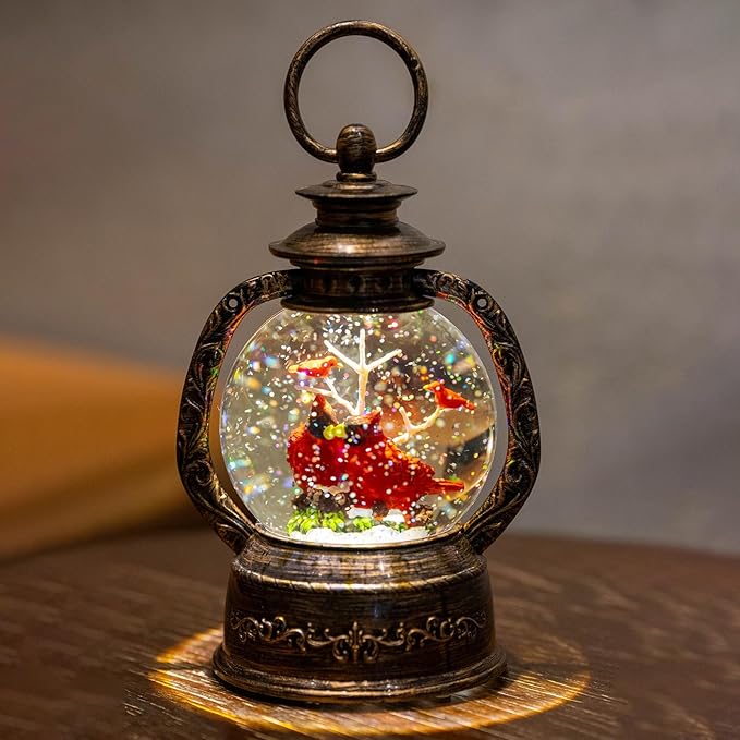 Christmas Snow Globe Lantern Water Glittering Cardinal with Music, USB Lined/Battery Operated Lighted Lantern for Christmas Festival Decoration Gifts