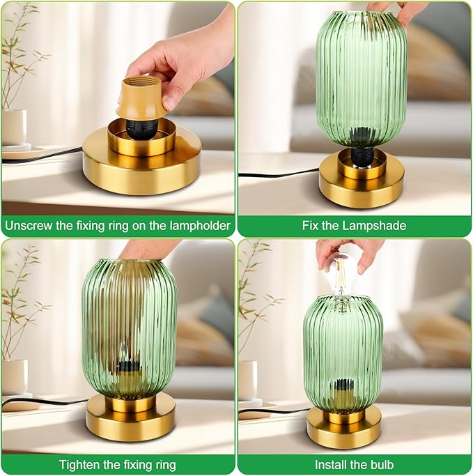 Touch Control Mid Century Modern Table Lamp, 3 Way Dimmable, Green Glass, Small Gold, Vintage Bedside Lamp for Bedroom, Living Room,Office