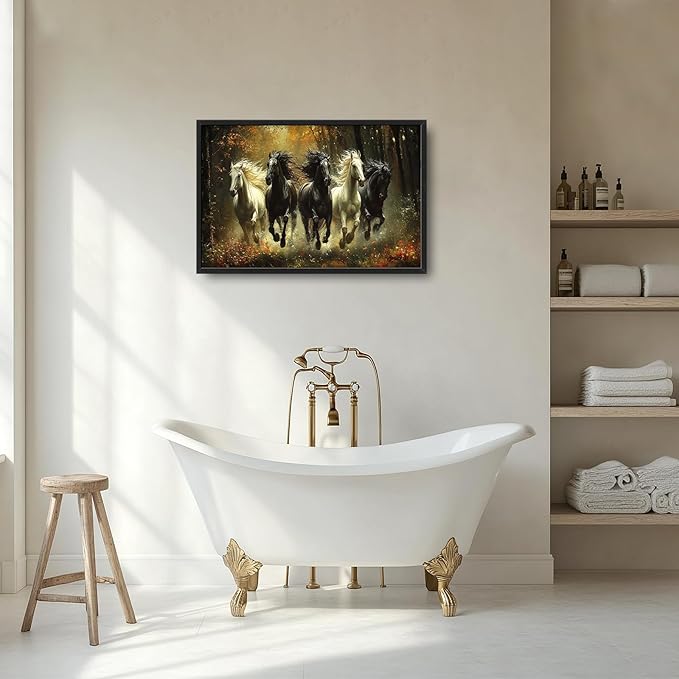 Olivine Horse Wall Art, Running Horses Pictures Wall Decor, Black And White Horse Paintings, Forest Landscape Canvas Prints, Framed Artwork for Bathroom Bedroom Living Room Office Home 36"x24"