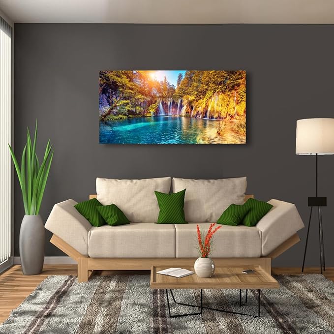 Lake Water Pictures Canvas Wall Art for Living room Bedroom Wall Decor,Waterfall Wall Art Print Paitnings for home Decor,Morden Artwork Sunset Tree Canvas Art Waterproof Stretched Ready to