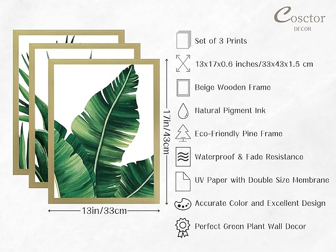 COSCTOR Set of 3 Botanical Wall Art Bathroom Green Plant Tropical leaf Picture Framed Prints for Home Living Room Bedroom Restroom Decoration(Framed,12x16)