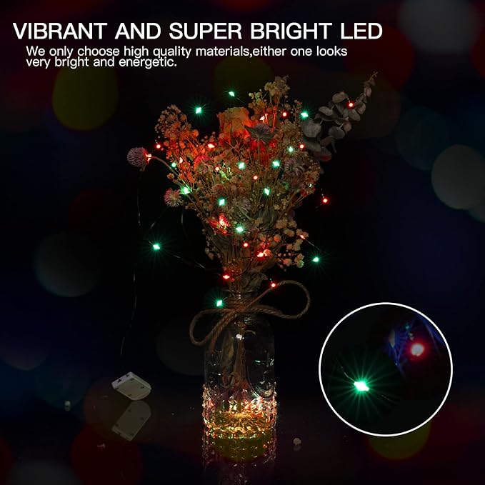 Brightown 12 Pack Led Fairy Lights Battery Operated String Lights Waterproof Silver Wire 7 Feet 20 Led Firefly Starry Moon Lights for DIY Wedding Party Bedroom Patio Christmas (12 Pack, Red & Green)