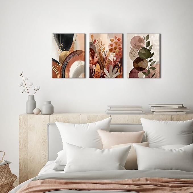 Boho Botanical Wall Art Abstract Bohemian Wall Art for Bedroom Living Room, Modern Mid Century Wall Decor Abstract Leaves Plant Posters Canvas Prints Painting Vintage Artwork Home Decorations 12x16”